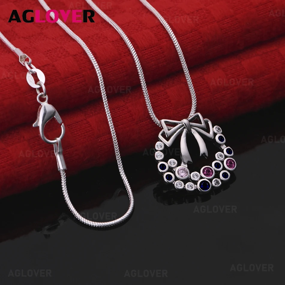 

AGLOVER 925 Sterling Silver Multi-Color Zircon Bow Pendant Necklace Daily Accessories Women'S Simple And Elegant Jewelry