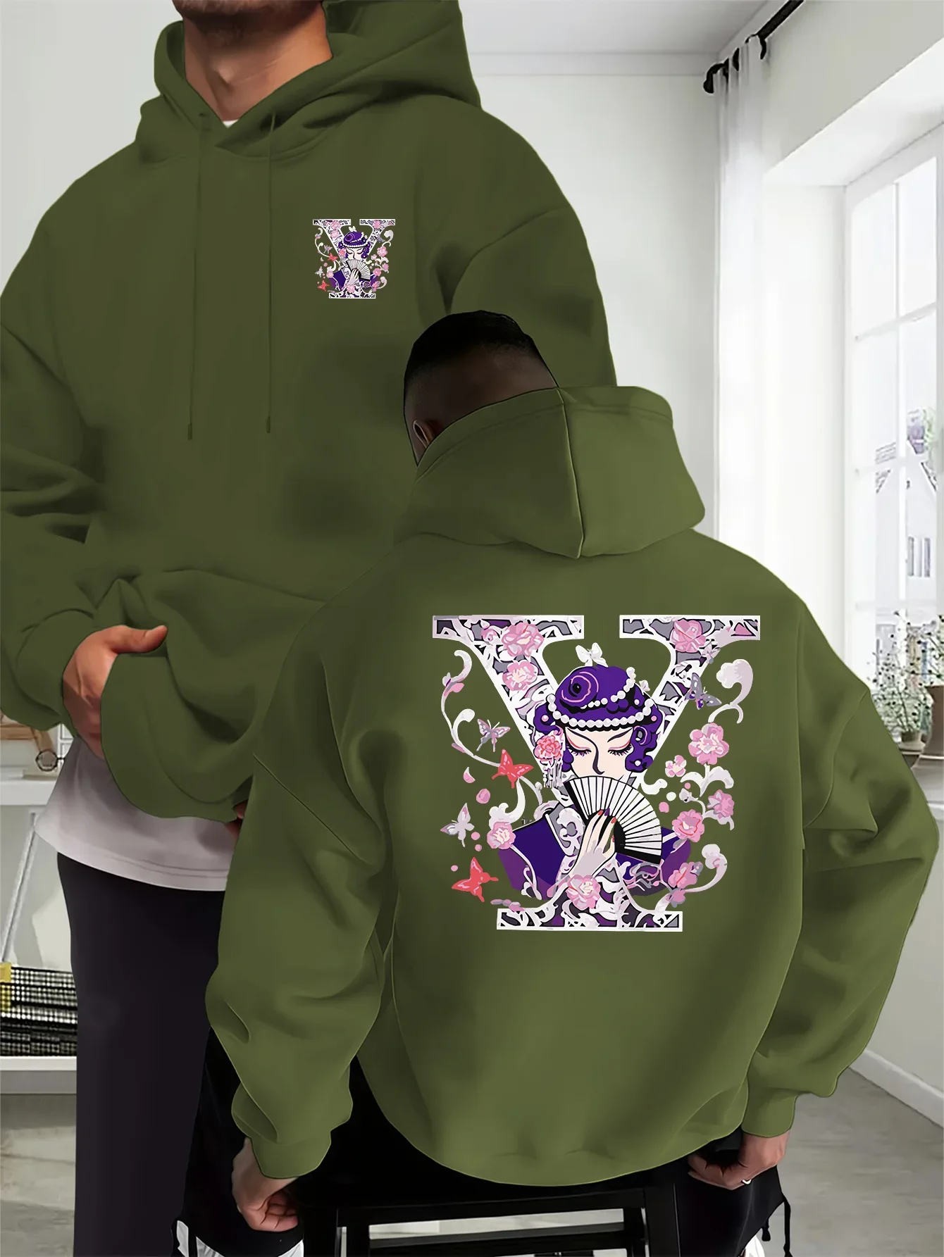 Harajuku Oriental Lady With Fan Hoodie Unisex V Frame Flower Butterfly Vintage Art Double Sided Print Oversized Hooded