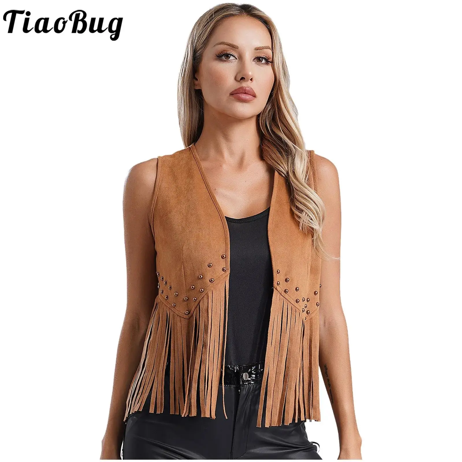 Women s Boho Fringe Vest Faux Suede Vintage Sleeveless Open Front Hippie Cardigan Cowgirl Tassel Rivets Tank Waistcoat Tops