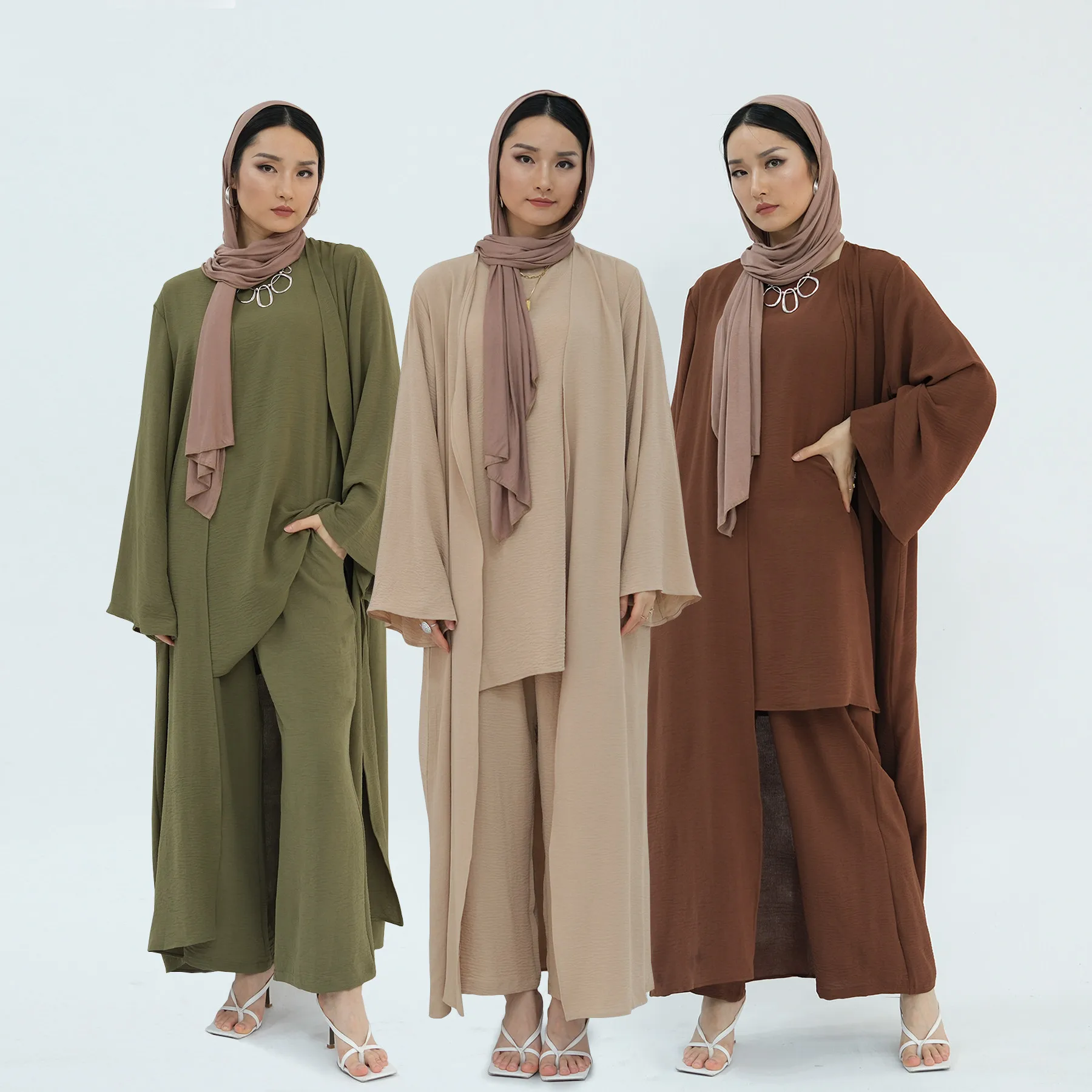 

Modest Islamic Women Clothes 2024 Dubai Turkey Malay Muslim 3 Piece Sets Long Shirt+Pants+Open Abaya Suit Plus Size LR779