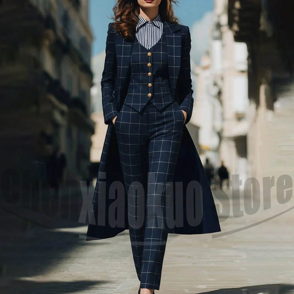 

Navy Blue Plaid Women Suit 3 Piece Fashion Single Breasted Long Coat Vest Pants Formal Office Business Casual Stylish Outfit