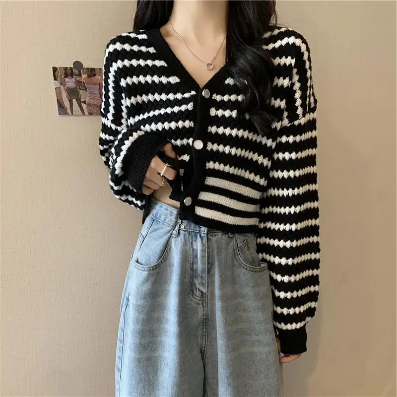 

Ele Bla Вязаный кардиган в белую полоску, женский модный дизайн, весенний новый топ V-Ne Long Sve ort Length