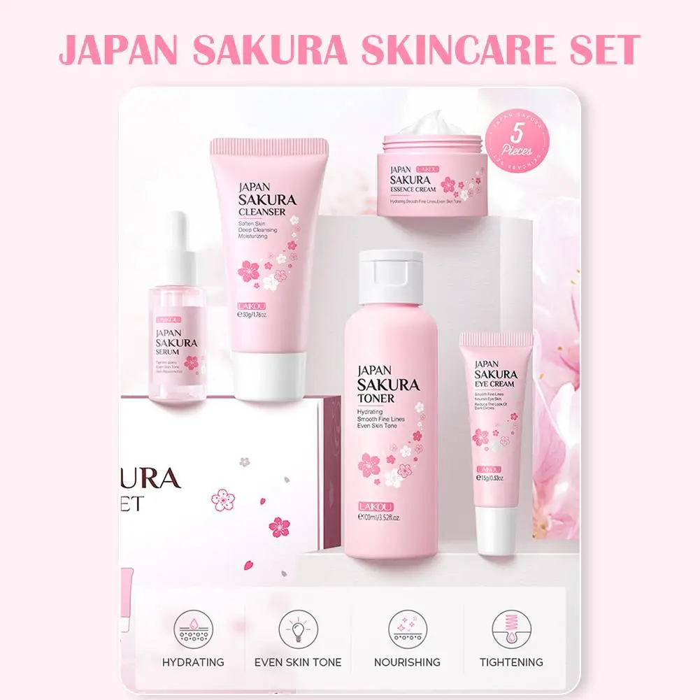 3/5pcs/1set Sakura Skincare Set Oil Control Facial Cleanser Nourishing Face Serum Cream Fade Dark Circles Eye Cream Face Care - Image 2