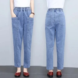 Middle-aged Women's Jeans Spring Autumn Stretch Waist Denim Pants Large Size Loose Female Casual Ankle-Length Pants 4XL
