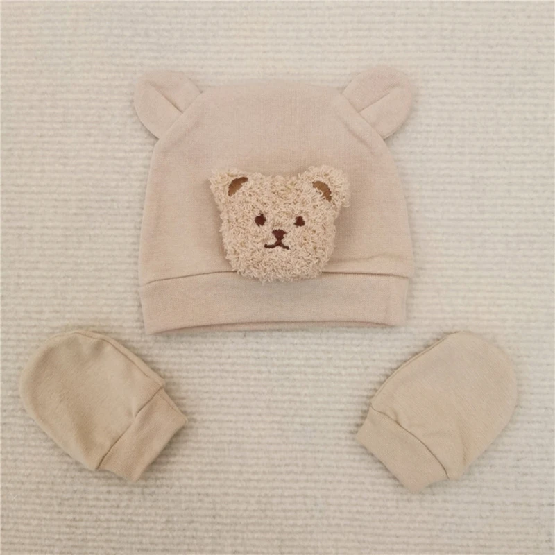 Bear Designs Baby Hat & Anti Scratch Mittens Set Warm & Soft Cap & Gloves Trendy Baby Hat with Gloves for Newborns