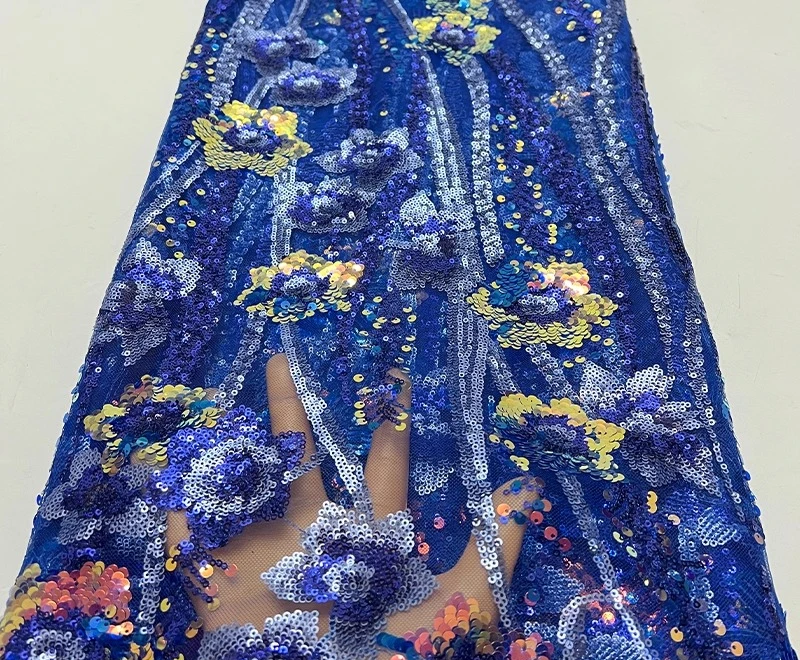 

French luxurious lace mesh fabric, multi-color three-dimensional sequin African floral pattern sequin embroidery lace fabric