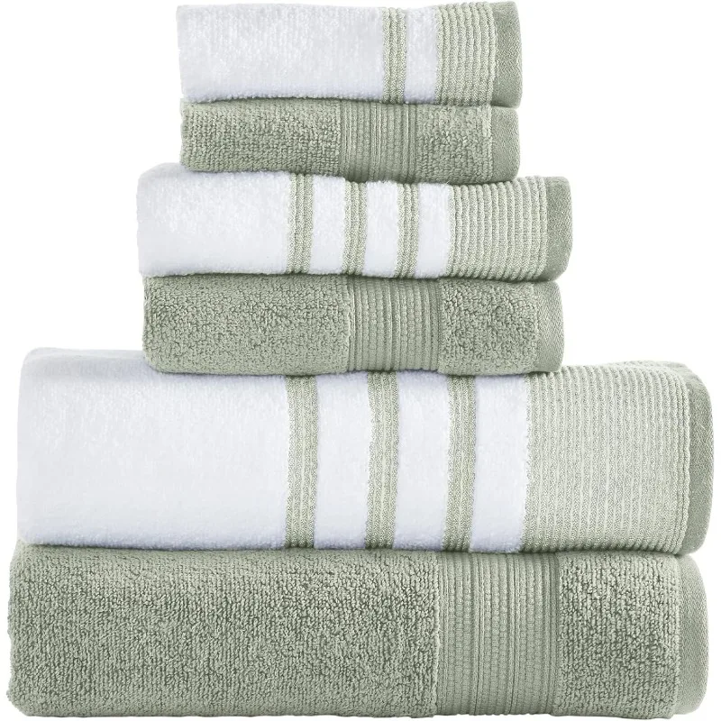 6 Piece Set, 2 Bath Towels, 2 Hand Towels, 2 Washcloths, Quick Dry White/Contrast Reinhart Sage