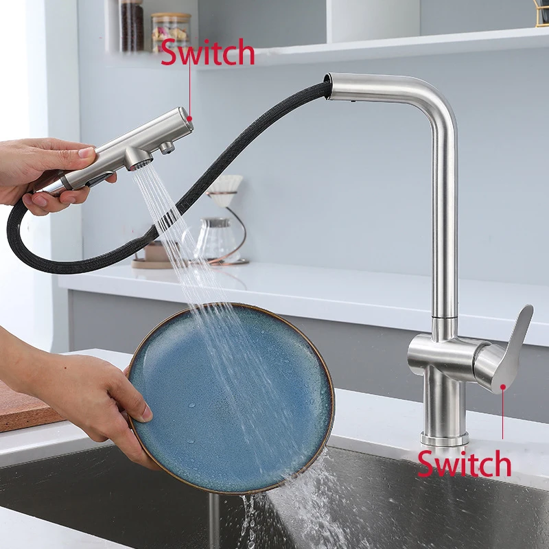 Keran Wastafel Dapur Tarik Keluar Dua Model Nosel Penyemprot Aliran Baja Tahan Karat Keran Mixer Air Panas Dingin Air Minum Filter 3 Arah