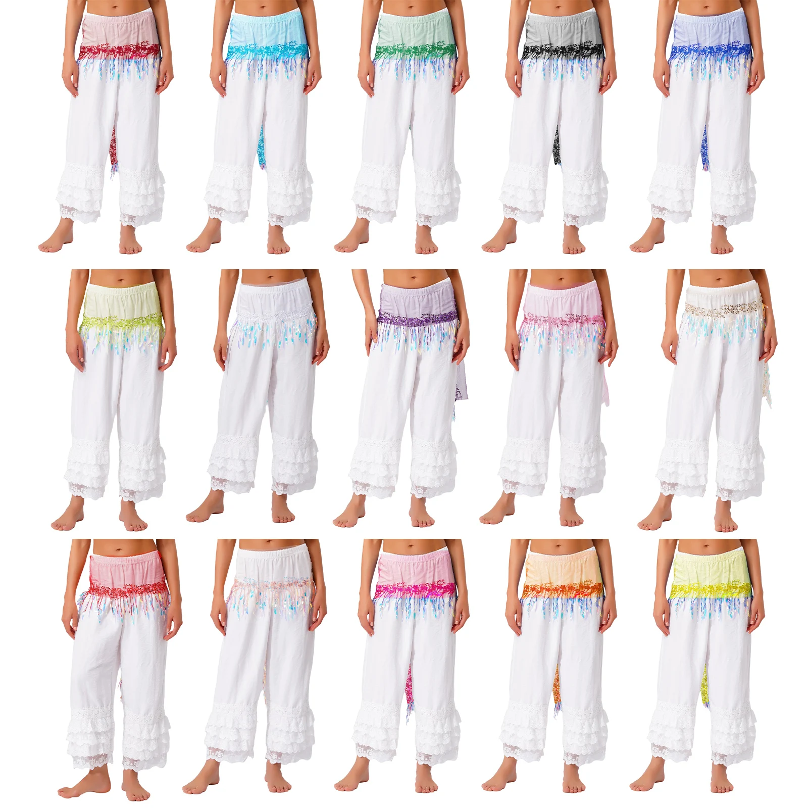 Women Belly Dance Hip Scarf Willow Leaf Shaped Sequin Tassel Patchwork Mesh Lace-up Waist Chain Skirt Oriental Dance Costume