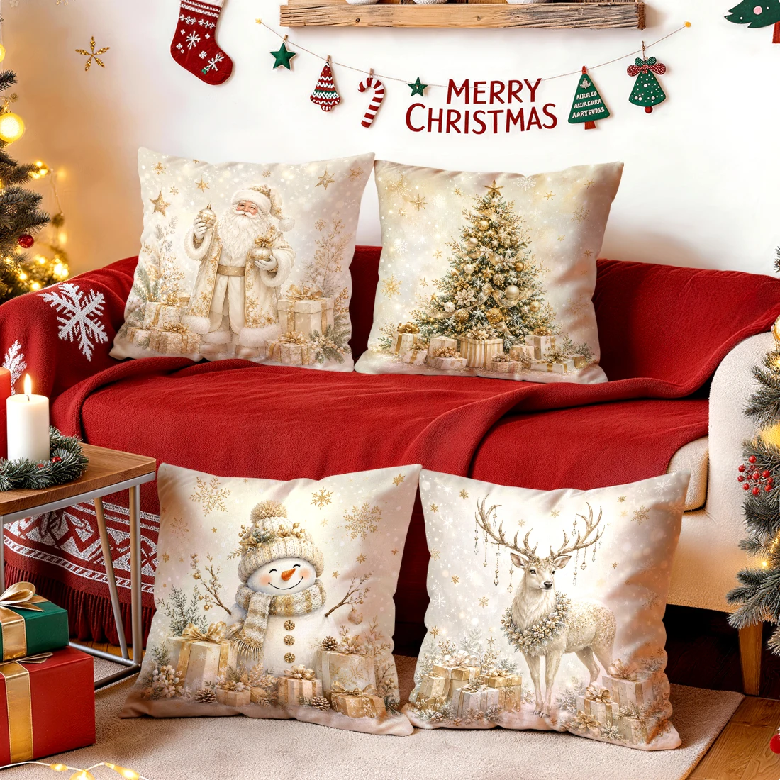 1/4pcs Golden Christmas Decoration Cushions Pillowcase Polyester Cushion Cover Throw Pillow Pillowcover Home Car Sofa Decor