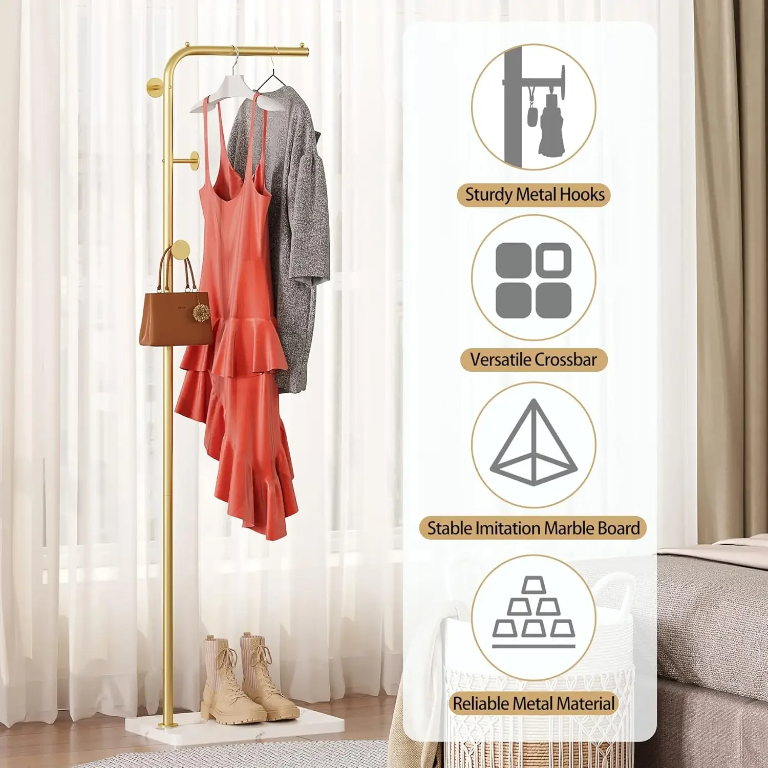 Metal Coat Rack, Modern Coat Tree with 3 Hooks, L Shaped  Hanger Stand, Freestanding  Rack for Entryway and Corner, Gold