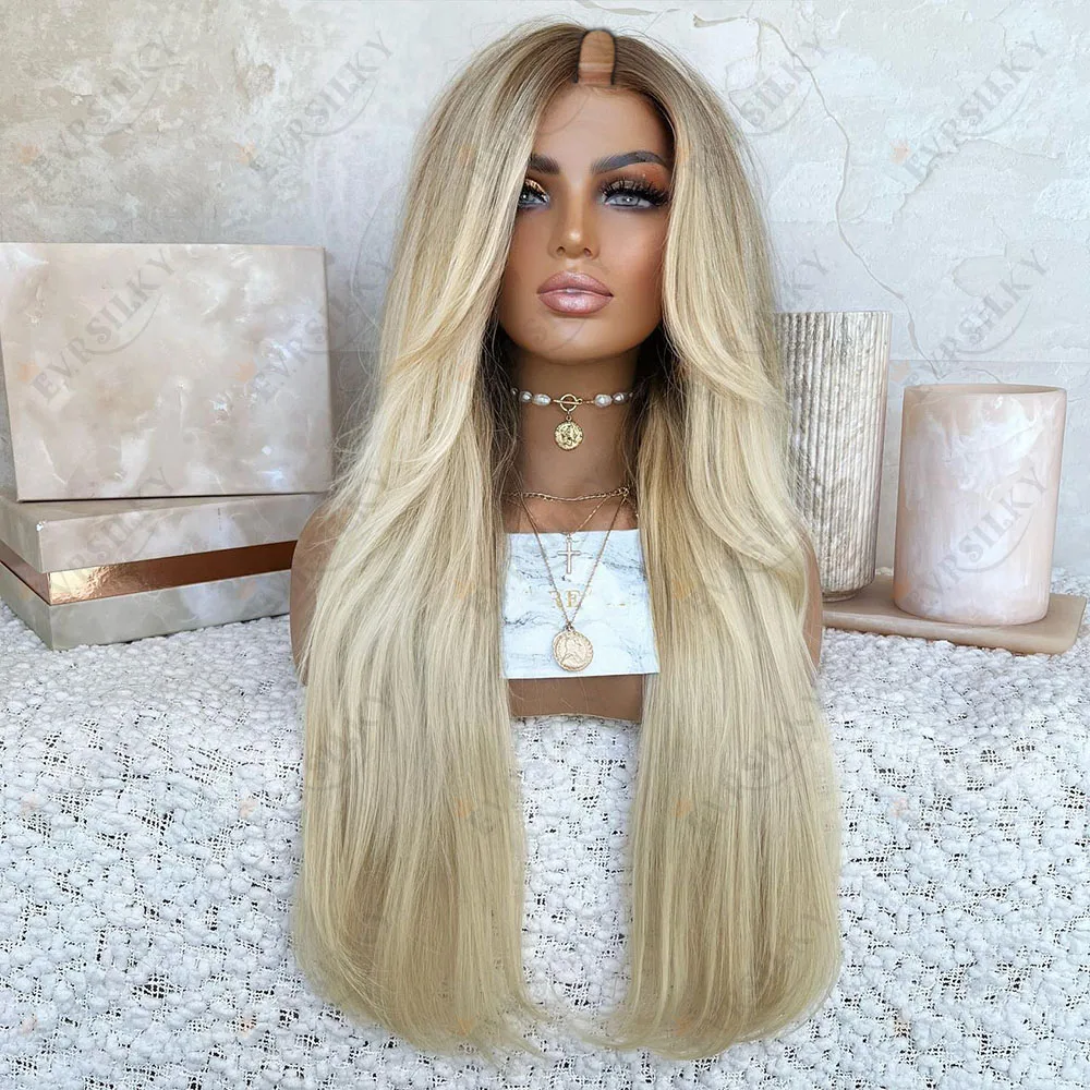 Light Roots Ombre Platinum Blonde Straight U Part Wigs 1x4 Human Hair Wig For Women Brazilian Remy 200 Density Full Machine Made