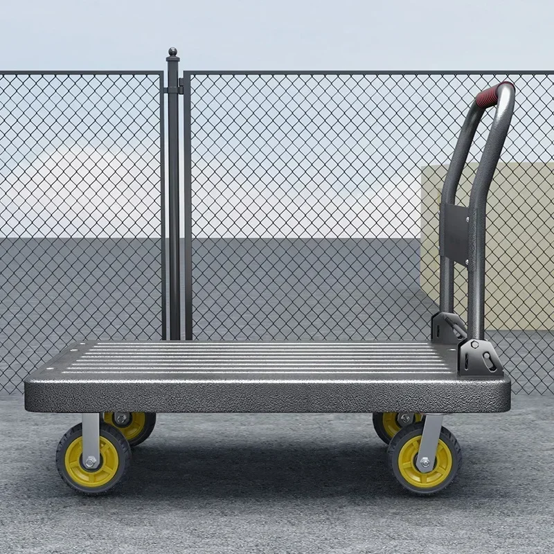 Household Goods Thickened Silent Steel Plate Truck  Trolley Four-wheel Pulling Trolley Household Flatbed Truck Small Trailer