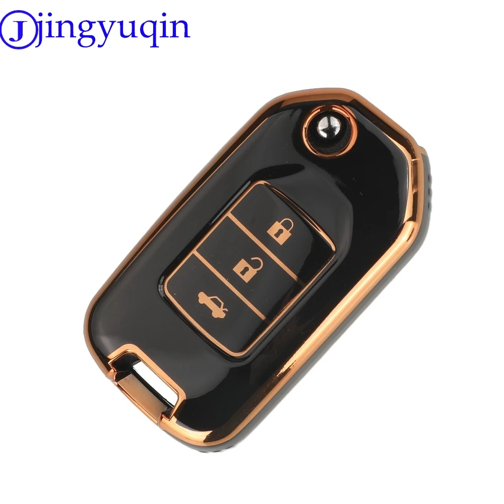 Jingyuqin 3 Tombol Kedatangan TPU Kunci Mobil Shell Case Fob untuk Honda Civic City Fit HR-V XR-V Lipat Flip Auto Mobil Penutup Kunci