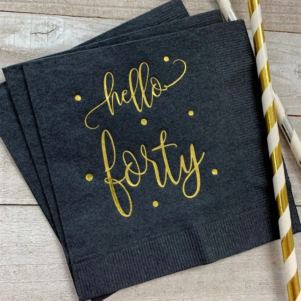 50pcs Hello Forty Black w/Metallic Gold Foil Cocktail Beverage Napkins 3 Ply Happy Birthday 40th Hello Forty Metallic Gold Foil