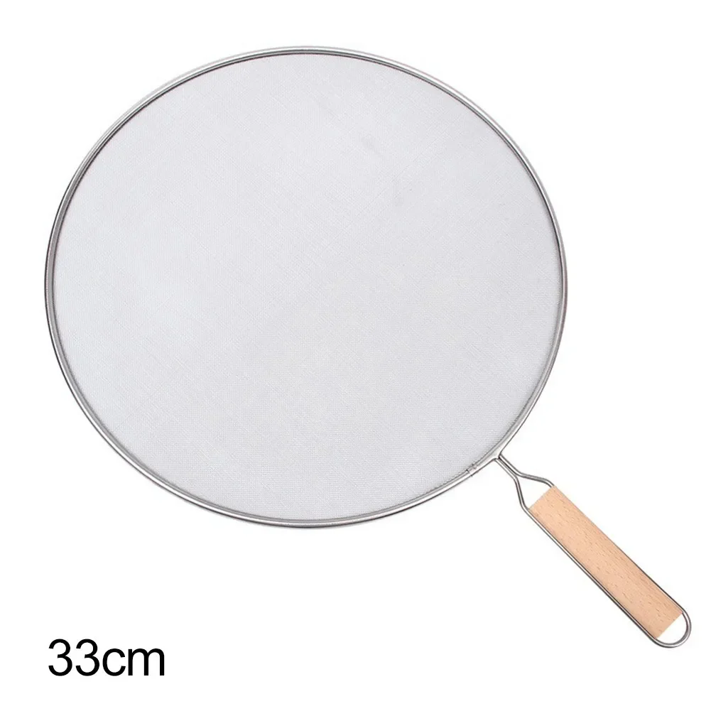 21-33CM Stainless Steel Oil Splatter Screen Frying Pan Mesh Guard Kitchen Cooking Tools Multi-purpose Filter Net Wood Handle