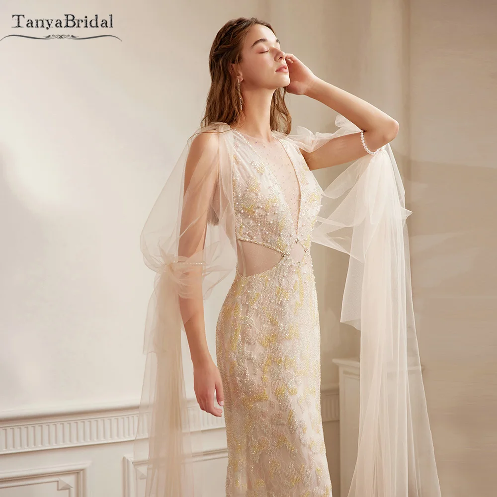 

Translucency Champagne Tulle Long Detachable Sleeves With Pearls Lovely Bridal Fingerless Glove Chic DG194