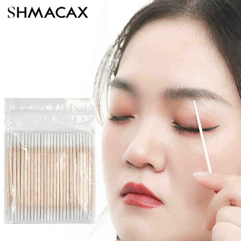 Double-Pointed Disposable Ultra-Small Cotton Swab Brush Lint Free Micro Wood Makeup Brushes Eyelash Extension Glue Removing Tool