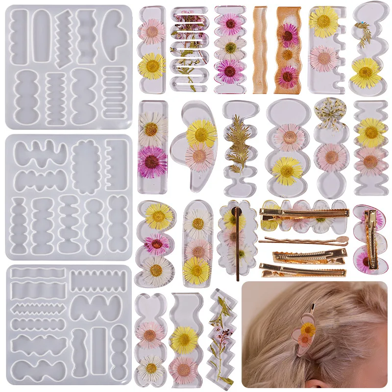 Multi Style Fashion Crystal Epoxy Hair Clip Silicone Mold DIY Handmade Geometrically Irregular Edges Hair Clip UV Resin Mold