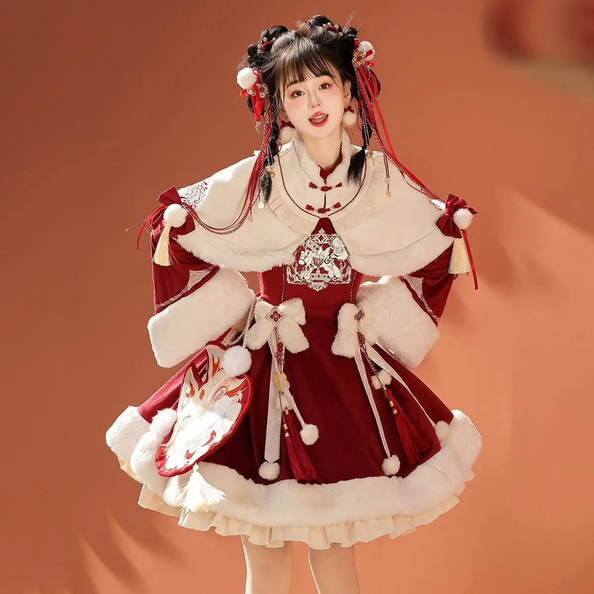 

Cute Red New Year Lolita Furoshiki Daily Cloak Set Sweet Skirt Three-quarter Sleeve Stand Collar H-Line Clean Fit Citywalk Dress