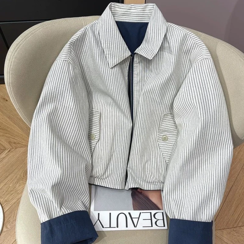 

Juspinice Neutral Style American Two-sided Striped Sports Jacket for Unisex Spring and Autumn Loose Retro Contrast Casual Tops