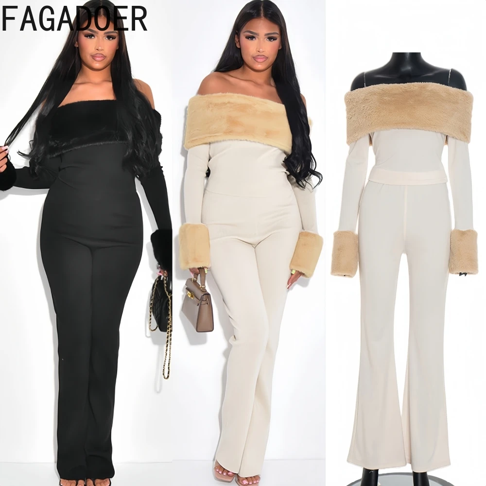 

FAGADOER Sexy Fur Patchwork 2 Pieces Set Woman Outfits Off Showlder Long Sleeves Crop Top and Pants Matching Female Streetwear
