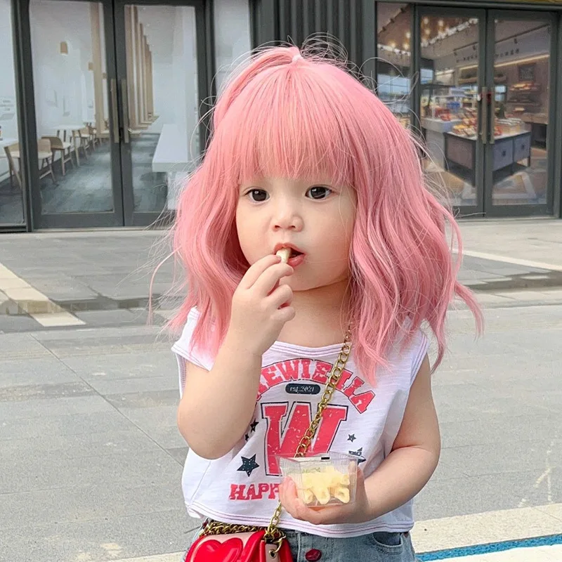 Children\'s Wig Girl Pink Medium Length Curly Hair Baby Bubble Face Hairstyle Baby Cute Reborn Doll Accessories Kids Head Cover