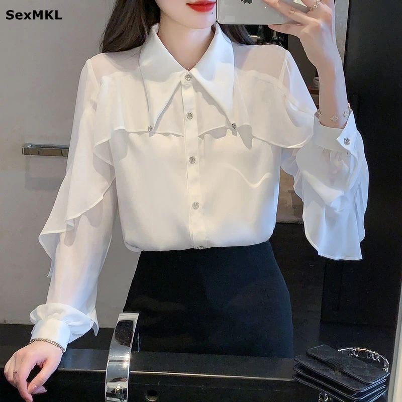 

Elegant Ruffles White Shirts Women 2025 Korean Long Sleeve Y2k Clothes Casual Ladies Tops OL Office Chiffon Blouses Oversized