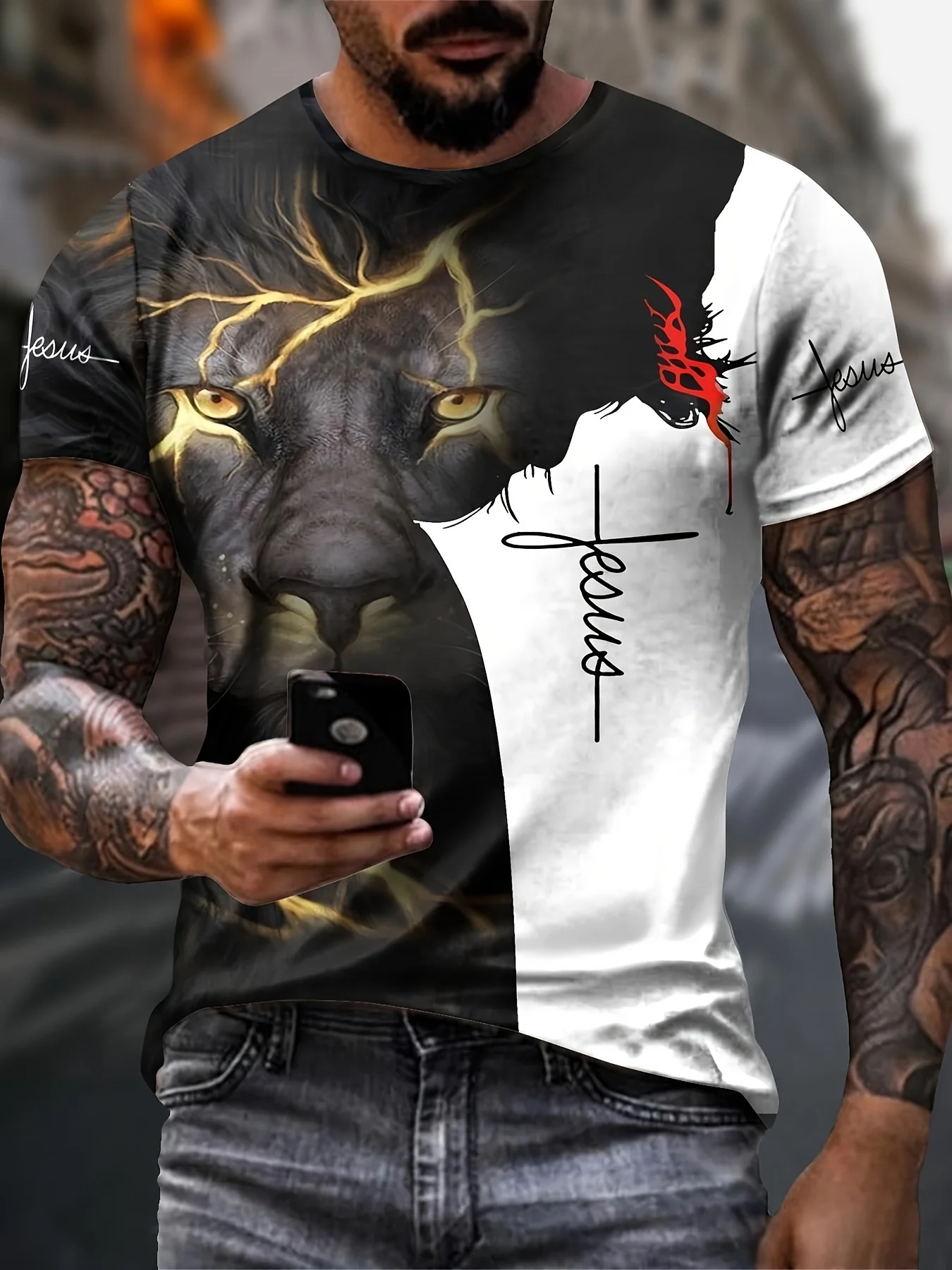 

Men's Summer Fashion Lion Print T-shirt - Breathable Polyester Fiber, Round Neck, Short Sleeve Casual Top
