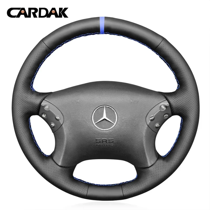 Full Black Leather Blue Marker Car Steering Wheel Cover for Mercedes benz C-Class W203 2001-2007 / C32 AMG 2002-2003