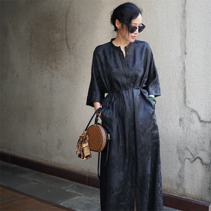 

High-End Silk Watered Gauze Jacquard Single-Breasted With Half Sleeves+Lace-Up Loose Spring And Summer New Long Dress S-XL