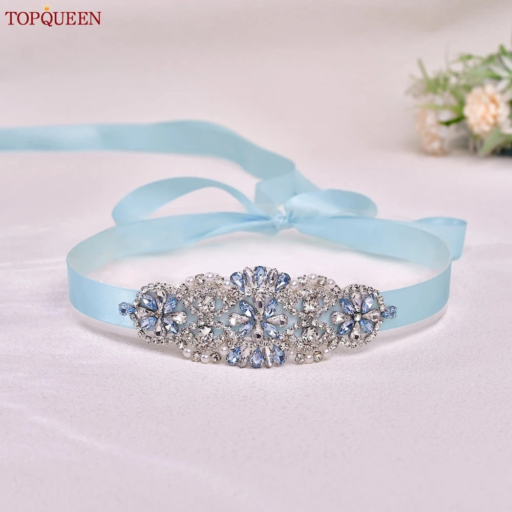 TOPQUEEN Lichtblauwe Strass Patch Riem Verjaardagsfeestje Bruiloft Handgemaakte Sjerp Betaalbare Bruidsmeisje Riem Bruidsaccessoires S76