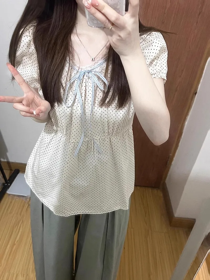 

Sweet Polka Dot Bubble Sve irt Women's Summer New Lace Collar Design Sensation Top Light Brown ort Sve Small irt
