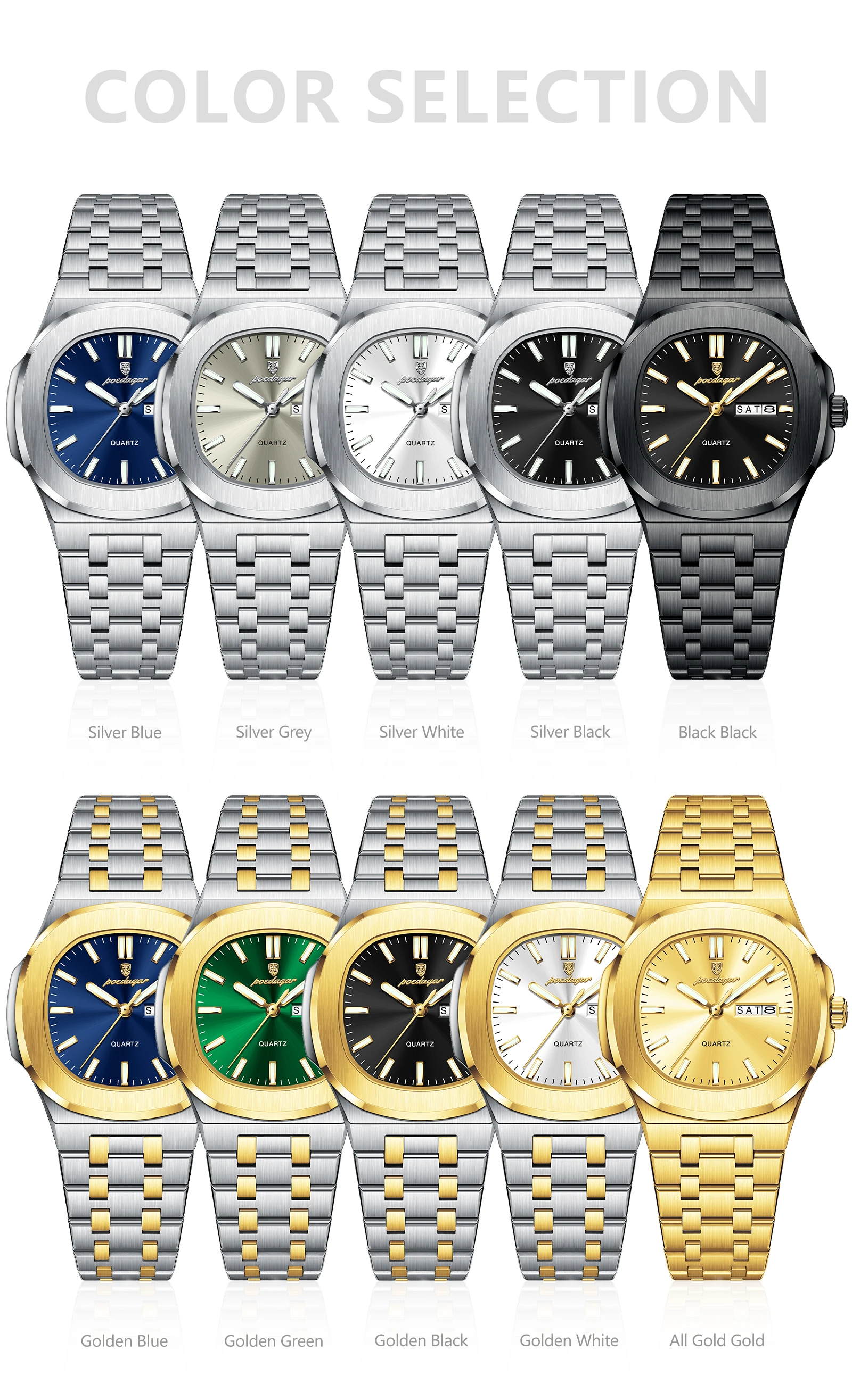 POEDAGAR Quadratische Damenuhr Datum Woche Wasserdicht Leuchtende Damenuhr Edelstahl Quarz Mode Damenuhren Reloj Geschenk – Detail 7