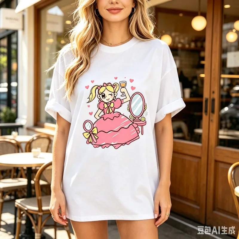 Cute Cartoon Girl T-Shirt for Women Pink Dress Mirror Heart Print Casual Streetwear Graphic Tee