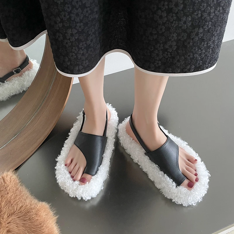 Fashion Womens Shoes 2024 Female Sandal Flip Flops Platform Round Toe Fur Heels Luxury Spring Low Girls Outside Flat Corrective