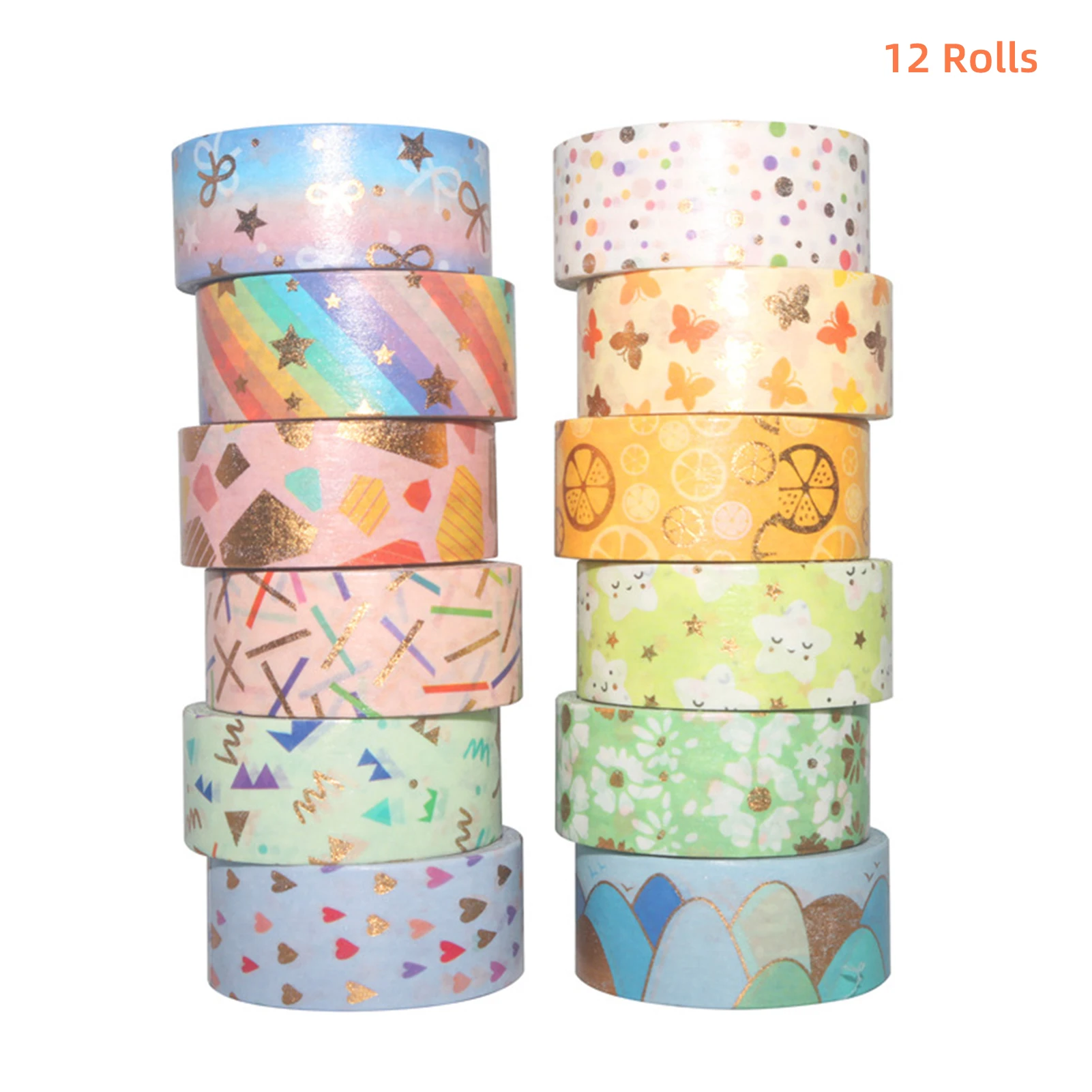 12 Rolls Washi Tape Set Cute Pattern Gold Foil Masking Tape 15mm Wide Adhesive Decorative Tape Sticker for DIY Crafts Gift