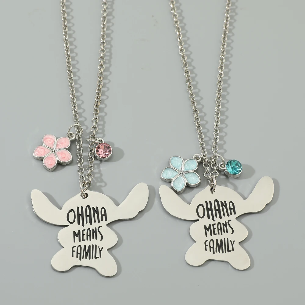 Cartoon Stitch Necklace Ohana Means Family Stainless Steel Pendant Necklace Crystal Classic Jewelry Gifts for Boys Girls