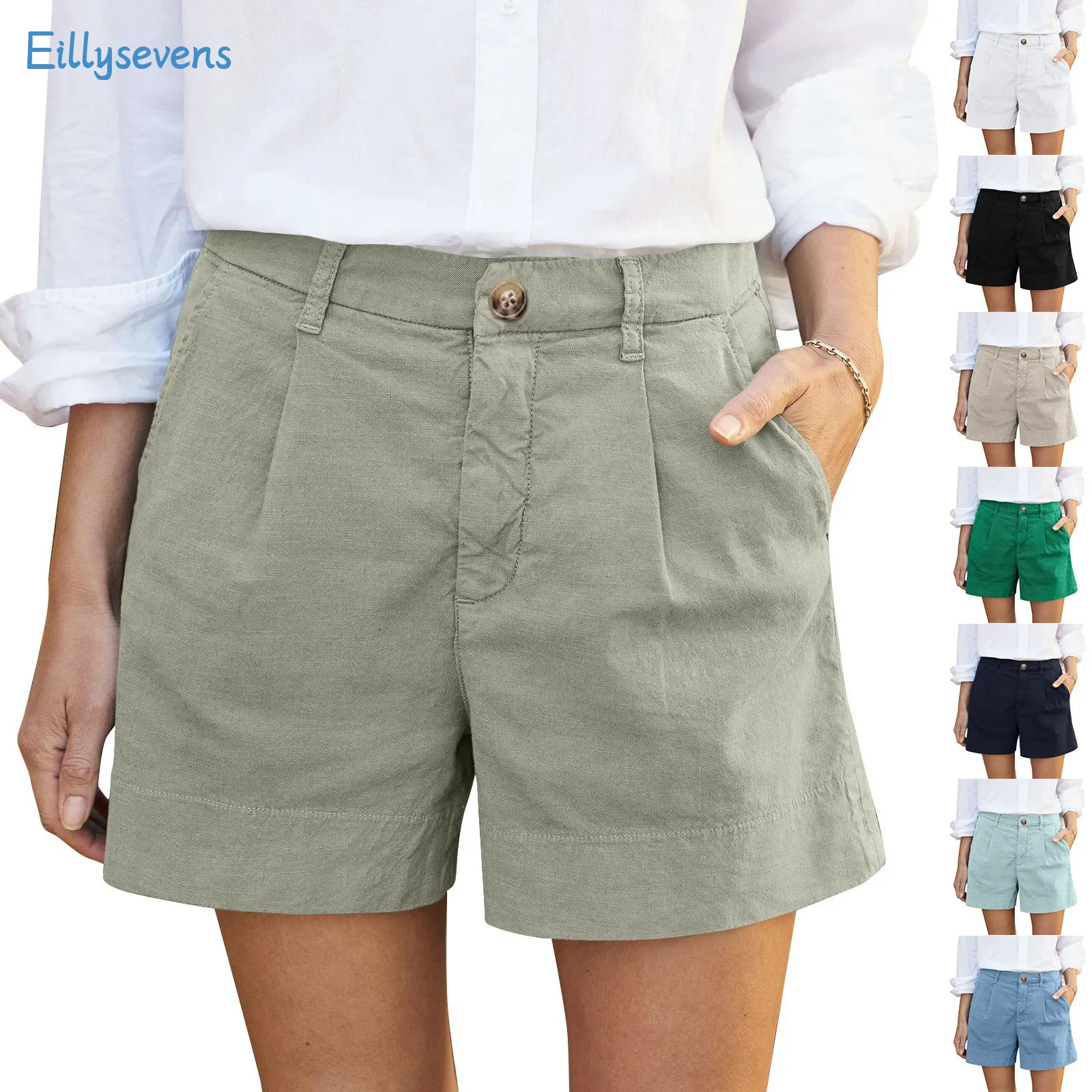 Women'S Summer Shorts Soft Stretch Twill Shorts With Side Pockets Classic Solid Straight Button Daily Commute Comfy Shorts