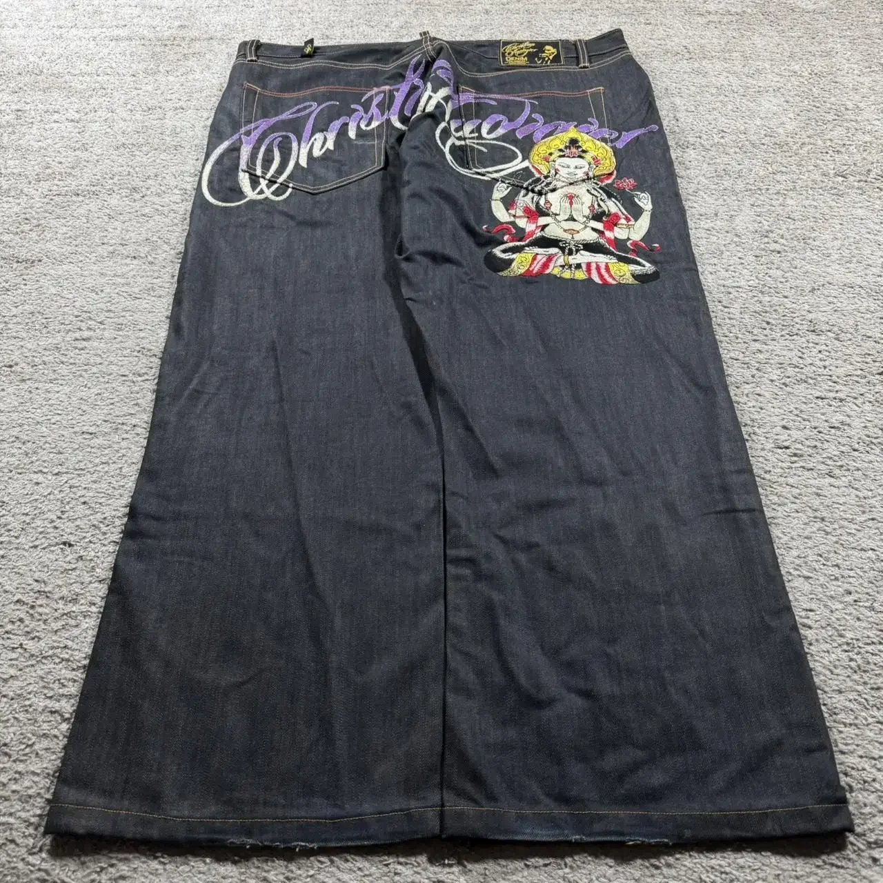 Y2K-pantalones vaqueros de pierna ancha relajados, diseño bordado de Buda, estilo callejero, vaqueros con estampado de pierna recta de cintura alta inspirados en Harajuku