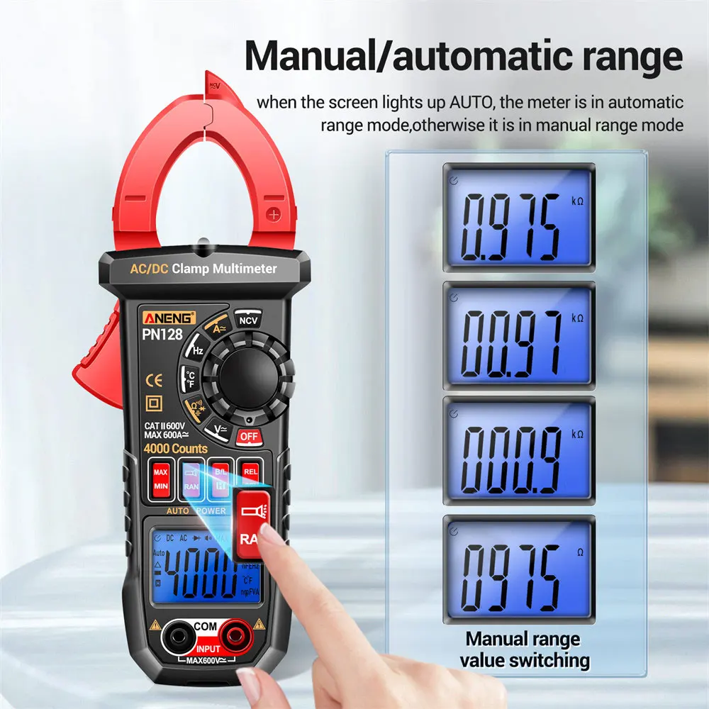 PN128 4000 التهم الرقمية المشبك متر 600A التيار المتناوب/تيار مستمر الجهد تستر Ammeter NCV صحيح Rms المتعدد شاشة LCD