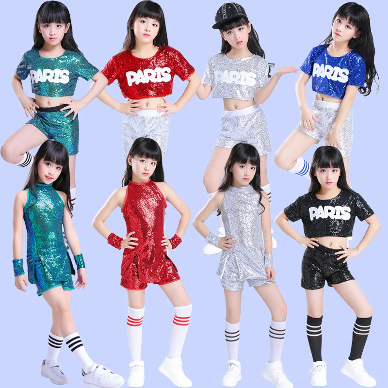 Kids' new jazz outfit for boys and girls sequins, off-the-shoulder hip hop outfit, street dance outfit, cheerleading outfit