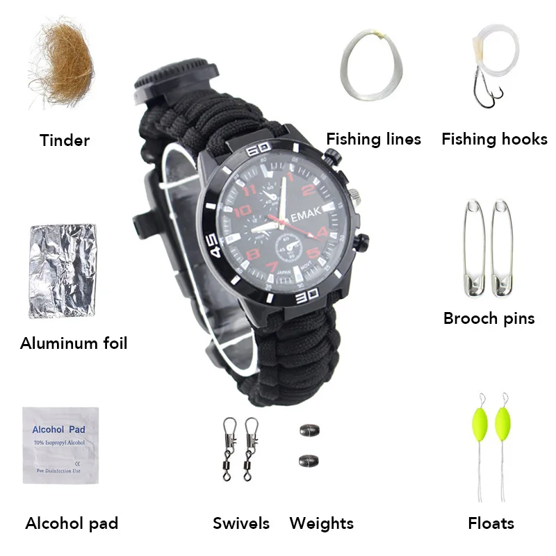 

Outdoor Multi Functional Sports Toolkit Watch Camping Survival Magnesium Stick Compass Flint Umbrella Rope Woven Emergency Strap