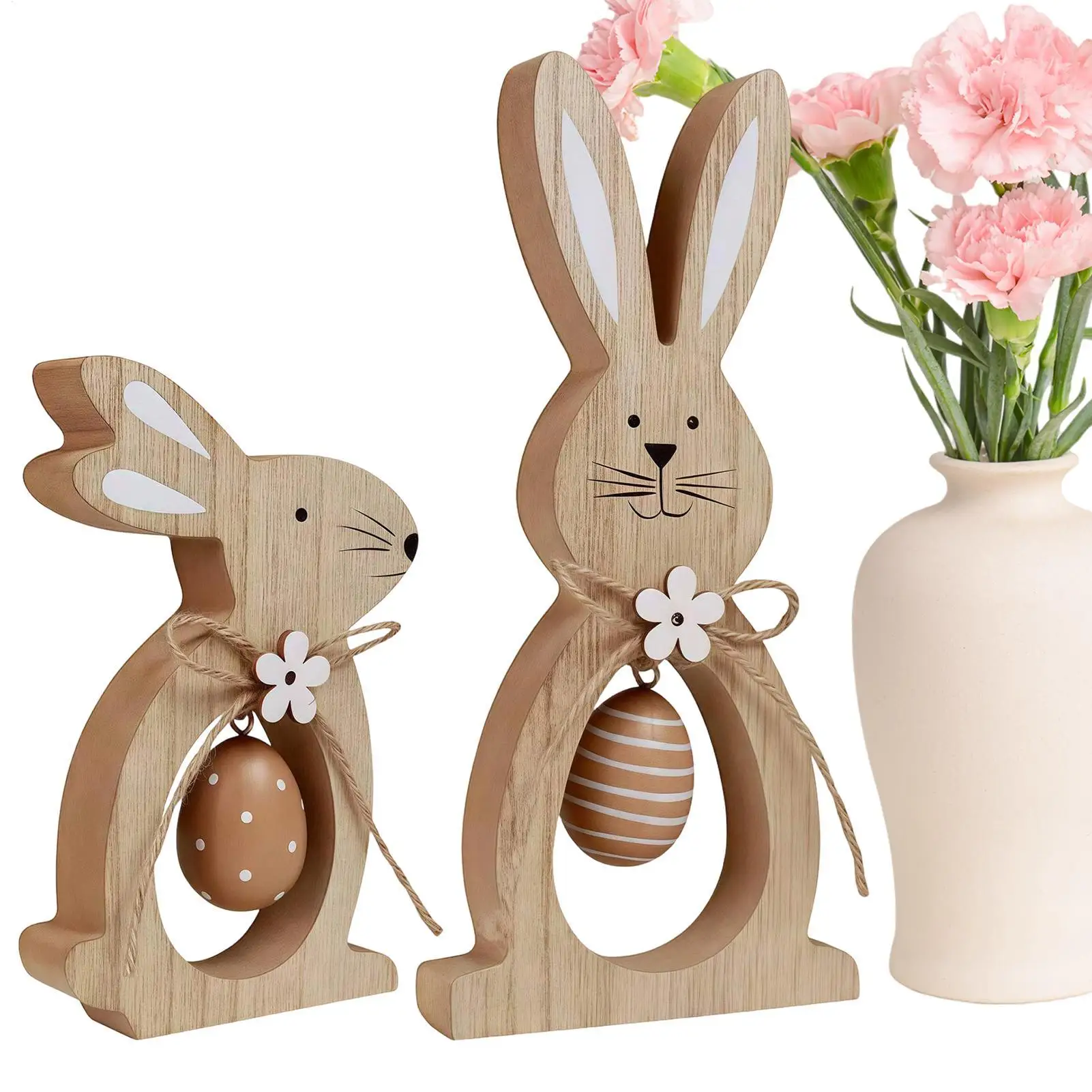 Easter Bunny Wood 2 Pieces Holiday Decoration Spring Table Centerpiece for Home Office Apartment Living Room Bedroom Study