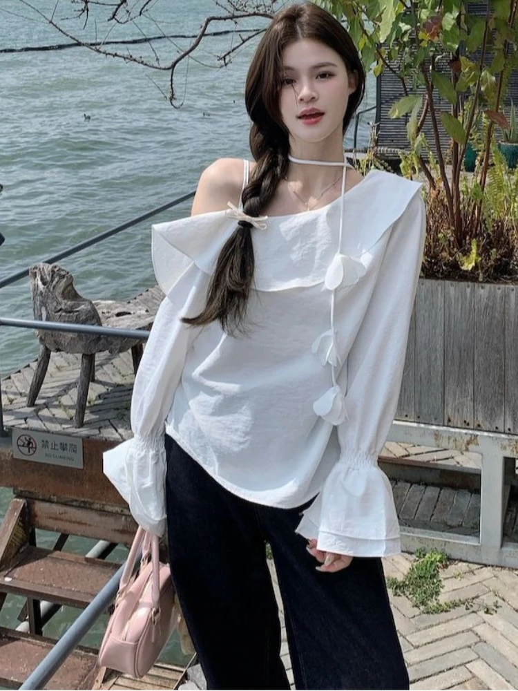 

Korean Fashion Blouses Skew Collar Flare Sleeve Off Shoulder Solid Color Shirts French Sweet Tops Design 2025 Women's Clothing