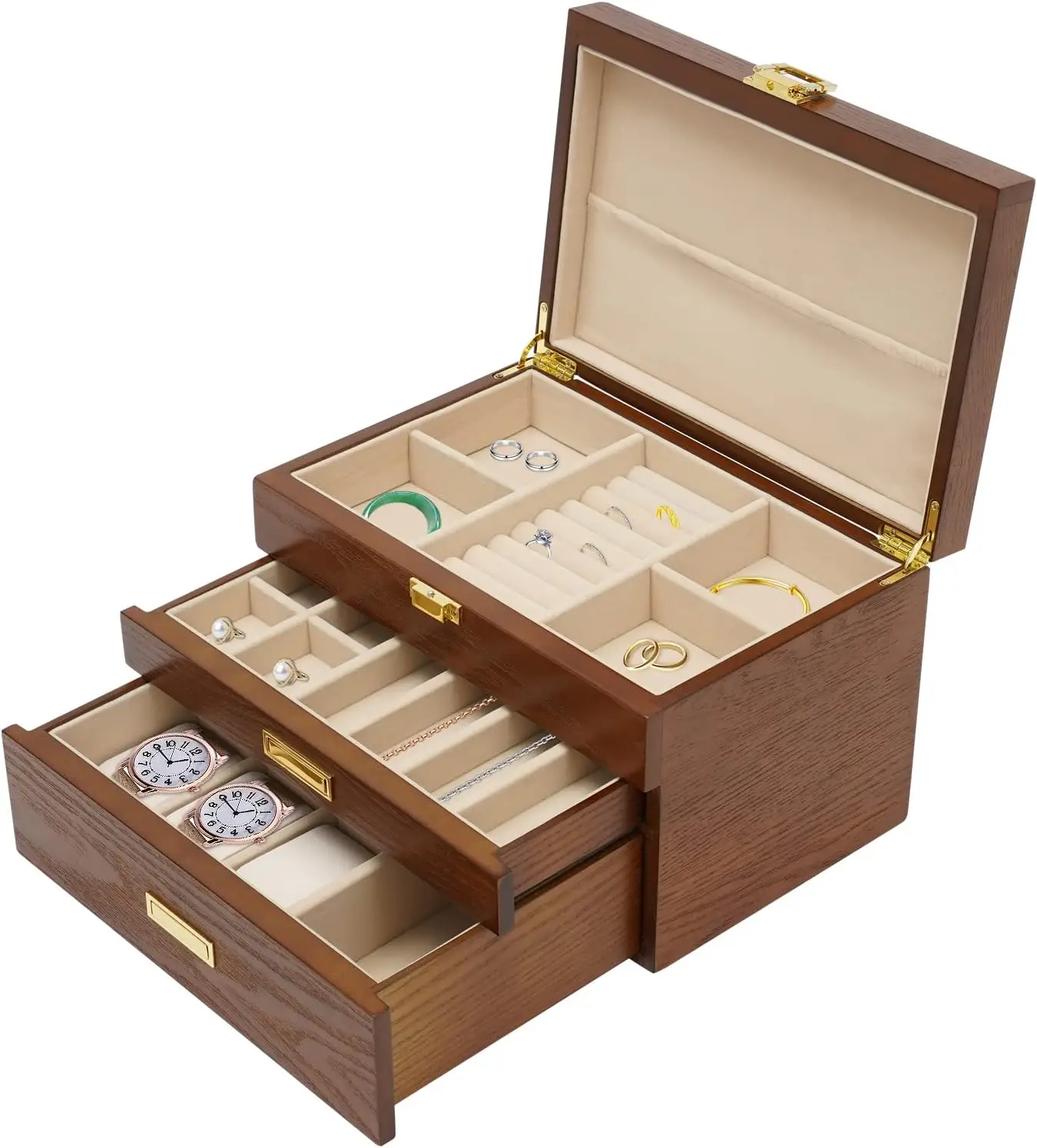 3-Layer Wooden Jewelry Organizer Box for Women, Large Storage with Soft Lining