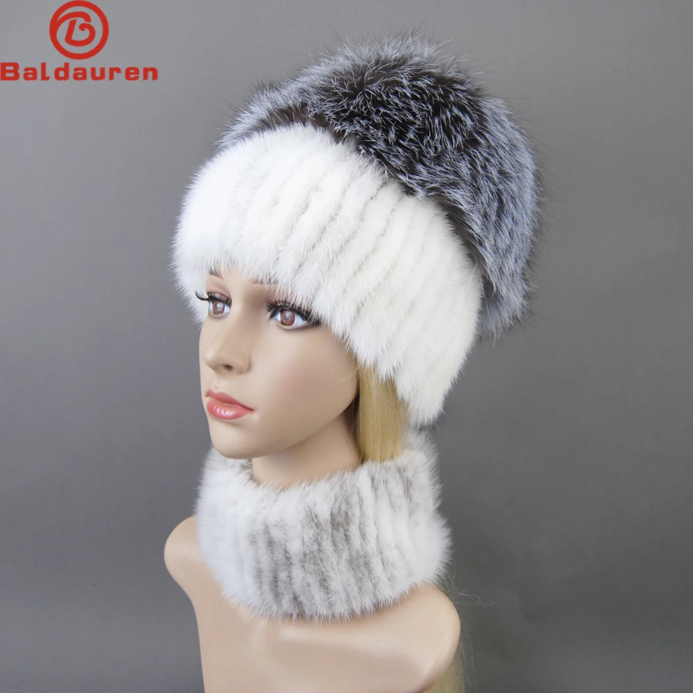 

Natural Warm Mink Fur Hat Scarf Sets Women Winter Knit Real Mink Fur Hats Scarves 2 Pieces Quality 100% Genuine Fur Cap Muffler