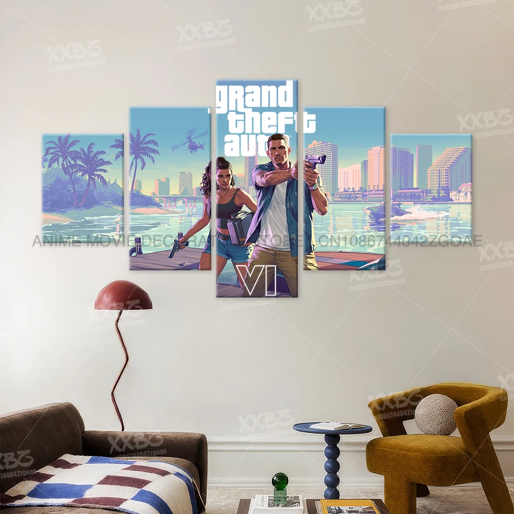 5枚組 ゲーム グランド・セフト・オート キャラクター ウォールアート キャンバス絵画 ホームデコレーション ポスター フレームレス壁画 ファンへのギフト