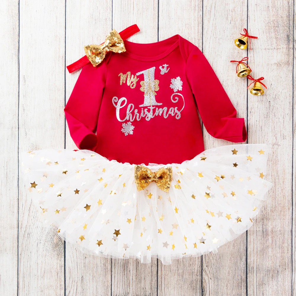 My First Christmas Baby Girl Outfit Long Sleeve X'mas Bodysuit Tutu Skirt Headband 1 Year Old Christmas Outfit Baby Girl Clothes
