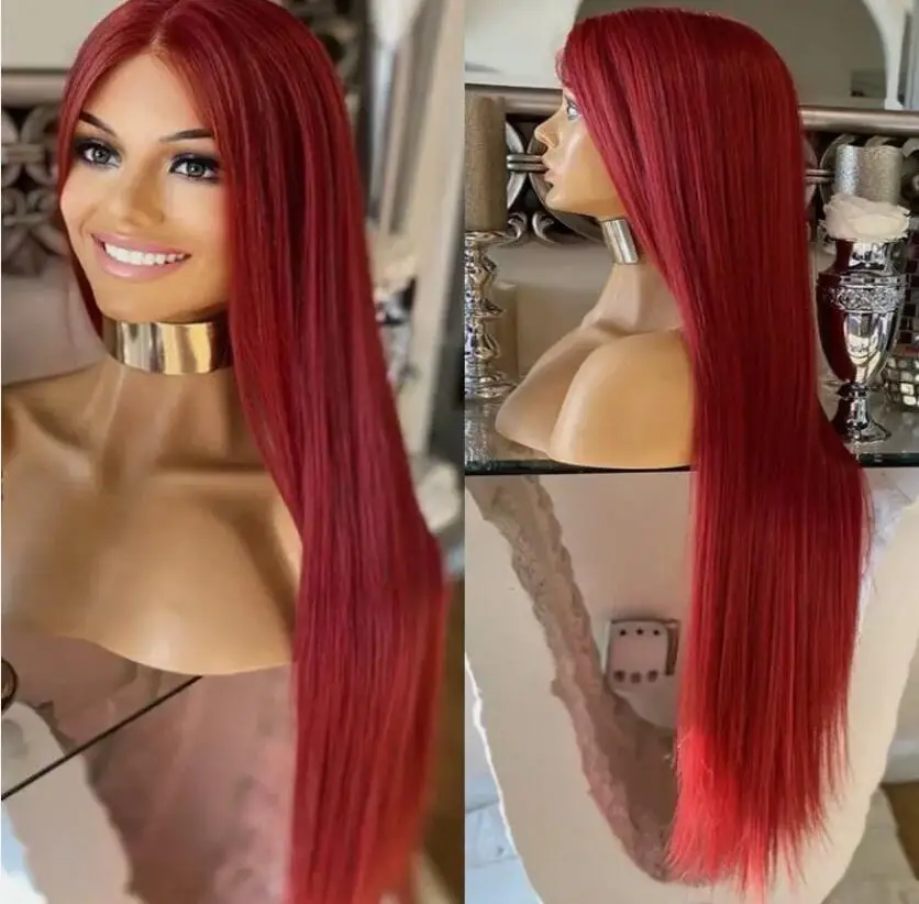 T Lace Front Wigs Long Straight Wine Red Synthetic Hair Heat Resistant